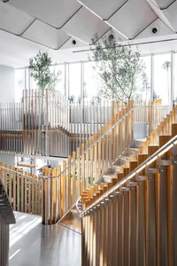 A rendered or photographed stairwell with wooden steps and railings, featuring warm and natural wood tones, and a bright and inviting atmosphere with possible sunlight from windows or openings