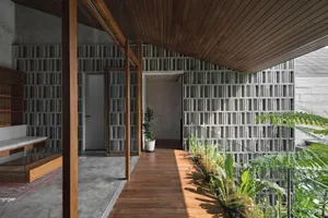 Warm and inviting living area with wooden floors and walls, featuring two potted plants and natural light from windows