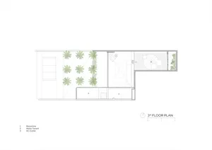 A modern three-story house with a white exterior, palm trees, and a patio on the ground floor, surrounded by potted plants and chairs for relaxation or social gatherings
