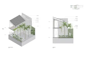 Floor plan with labeled rooms and measurements, and a rendered view of the modern building's exterior with clean lines and large windows