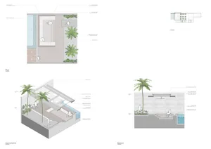 2D floor plan of a modern house with a living area, dining area, kitchen, and bedroom, featuring chairs, a couch, and potted plants