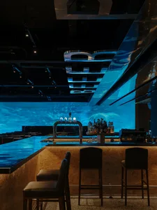 A bar with a large blue whale sculpture centerpiece, bottles on display, and a relaxing atmosphere