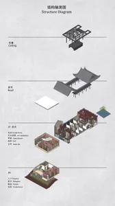Architectural drawing of a modern building with a floor plan layout, featuring a kitchen, living area, and bathroom, with different levels including a basement and attic, constructed with concrete and wood