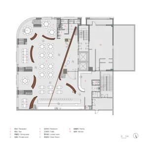 2D floor plan of a dining space with multiple tables, chairs, and potted plants, featuring a top-down layout with linework and labels