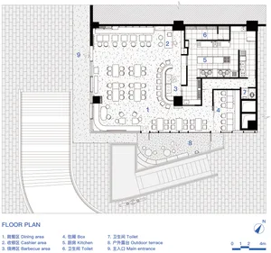 2D floor plan of a modern restaurant with multiple dining tables and chairs, well-lit with possible natural and artificial light sources