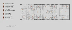 A modern hotel floor plan featuring multiple rooms connected by hallways, with a focus on functionality and comfort, using neutral colors and clean lines, and incorporating natural light through strategically placed windows