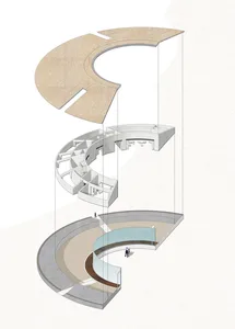 A modern building interior with various rooms and spaces, featuring a mix of wood, glass, and concrete materials, and several people occupying the space