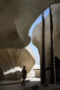A person walks through a modern courtyard with a rock wall on one side and a palm tree on the other, blending natural elements with modern architecture