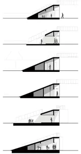 Black and white floor plan with linework, labels, and measurements, alongside detailed exterior and interior views of the building