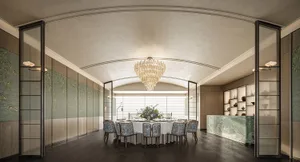 Dining area with a round table, multiple chairs, and a sophisticated ambiance