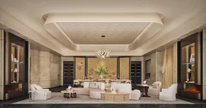 Spacious living area with a couch, chairs, coffee table, and dining table, featuring luxurious and inviting decor