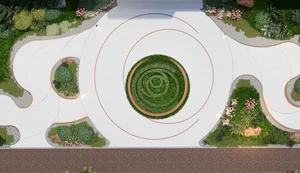 A serene garden with a circular path surrounded by various plants and flowers, potted plants, and natural greenery