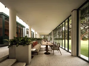 A dining area with a large table surrounded by chairs and potted plants, set in a comfortable and inviting space