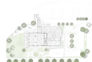 A rendered image of a hotel lobby with multiple seating areas, dining tables, and a comfortable atmosphere