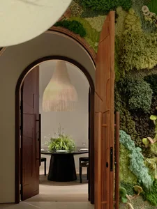 Cozy dining space with a black table, chairs, and a potted plant, set up for a meal or gathering