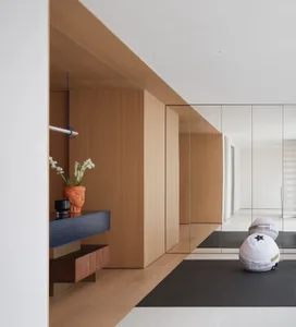 Open living area with wooden floors and walls, decorative balls, and a potted plant, featuring a bright and inviting atmosphere