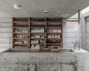 Bathroom with a sink and multiple shelves displaying various bottles of soap, creating a clean and organized atmosphere