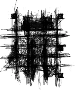 Black and white drawing of a minimalist building floor plan with various rooms and spaces, including a doorway and windows