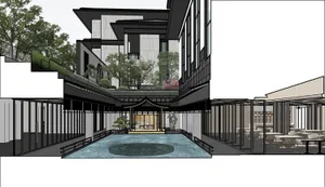 A modern resort building with a central circular pool, multiple levels, benches, and potted plants, conveying a sense of relaxation and leisure
