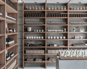 燈光柔和的商店，木製層架與石牆，陳列瓶子、花瓶與碗盤，營造溫馨氛圍