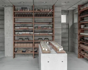 整齊有序的零售空間，架上擺滿瓶子、罐子和花瓶，營造出吸引人的商品展示