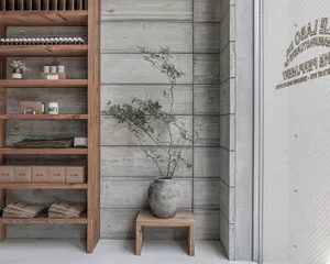 A cozy study with a wooden bookshelf, potted plant, and various items on the shelves, creating a warm and inviting atmosphere