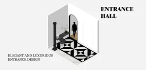 A luxurious hallway with marble flooring, a black and white checkered pattern, and paintings on the walls