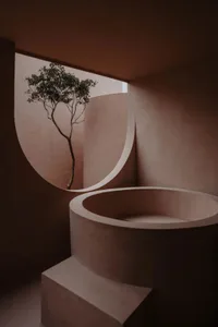 A serene indoor space with a large circular wall featuring a tree in a pot, surrounded by a unique structure or art installation