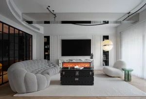 Cozy modern living space with a fireplace, comfortable seating, and white walls, surrounded by ample seating options