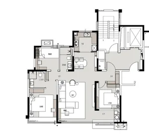Architectural rendering of a modern home with a kitchen, living room, and multiple bedrooms, showcasing a comfortable and functional living environment
