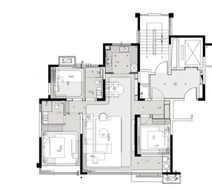 Black and white floor plan of a traditional home with a mix of open and enclosed spaces, featuring wood materials and natural lighting