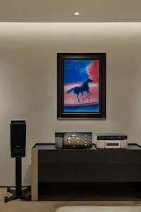 Cozy living room with a large picture frame, TV, speakers, and a clock, featuring a painting of a horse and a warm atmosphere