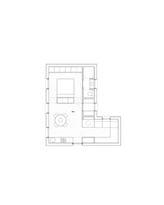 2D floor plan of a modern house with labeled rooms, concrete, and wood materials, featuring neutral tones and natural light from windows