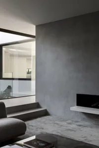Open modern living area with natural light, two couches, and a fireplace in the background