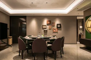 A well-lit dining area with a large wooden table, multiple chairs, and decorative vases, set for a meal with various tableware and utensils