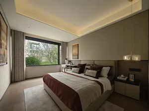 A cozy bedroom with two beds, a carpeted floor, vases, and a potted plant, creating a warm and inviting atmosphere