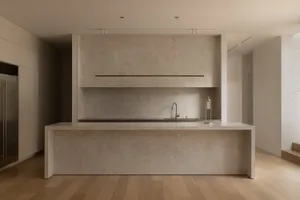 Modern kitchen with a marble countertop island featuring two sinks and a refrigerator, set against a clean and minimalist backdrop