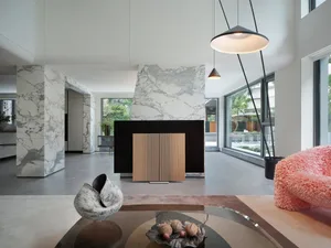 Open living area with a fireplace, potted plants, dining table, and modern kitchen elements