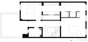2D floor plan of a modern home with various rooms, a staircase, and clean lines