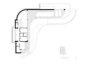 Black line drawing of a building's interior floor plan with labeled rooms and dimensions