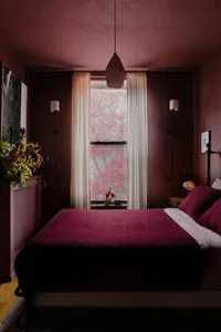 Cozy bedroom with a large bed, red walls, potted plants, and a vase, creating a warm and inviting atmosphere