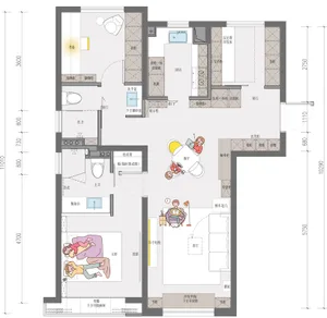 現代白色牆面與地板的客廳空間，設有沙發、餐桌、椅子與水槽，現場有兩人