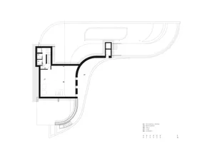 2D schematic diagram of a modern house with a large open area, featuring several rooms, including a kitchen and a living room