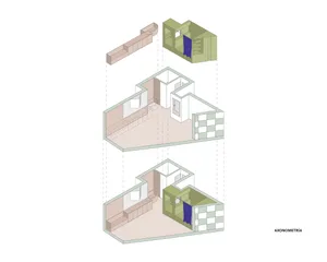 Three-section architectural rendering of a modern house with clean lines, minimalistic design, and neutral tones, featuring concrete and glass materials, and natural light from windows