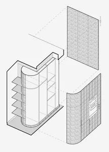 Black and white floor plan of an office with a doorway and hallway, featuring linework and labels