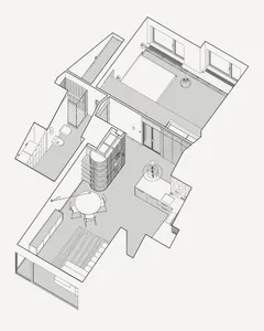 Empty black and white floor plan showing a minimalist home layout with a kitchen, dining area, and living room, featuring chairs and a focus on basic layout and furnishings