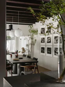 A warm and inviting dining area with a large wooden dining table, multiple chairs, and potted plants, set in a residential space
