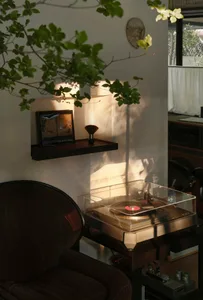 Cozy modern living space with a chair, table, and record player, surrounded by books in a home setting