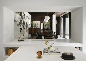 Elegant dining area with a large table, multiple chairs, kitchen area, potted plants, and decorative vases in a modern home