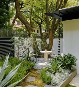 A modern outdoor patio with a wooden dining table surrounded by chairs, set against a backdrop of trees, with natural light filtering through the foliage